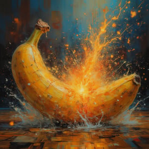 Ultra realistic illustration. Macro view, water explosion on an banana BREAK scattering of particles as flow of electricity.amazing details, perfect lighting and  reflections,unreal engine 5, RTX on,ultra HD, 8k, intricate, masterpiece