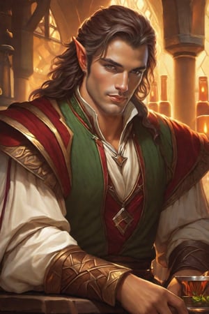 best quality ,Multicolor masterpiece,ultra-high resolution, male demi-elf, smirk, arrogant, tavern