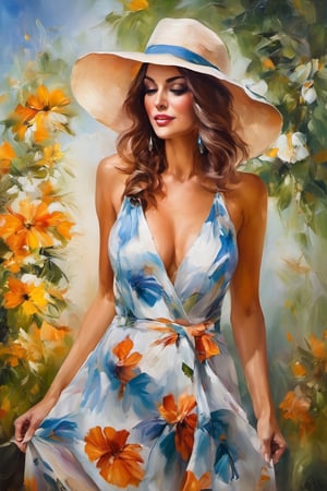 Beautiful woamn in a summer dress, hat, cleavage


((oil painting))((impresionism))