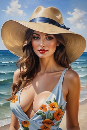 Beautiful woamn in a summer dress, hat, cleavage


((oil painting))((impresionism))