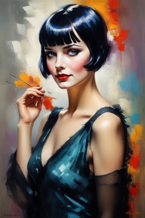 Beautiful woman,, Louise Brooks , in the style of Andrew Atroshenko
((oil painting))((impresionism)),colorful