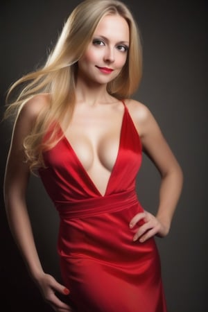 beautiful woman, long blonde hair, red silk evening dress, cleavage