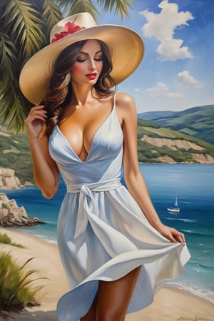 Beautiful woamn in a summer dress, hat, cleavage


((oil painting))((impresionism))