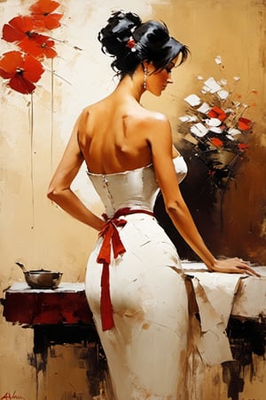 Masterpiece, beautiful woman, (medium breasts:1.1), (nice butt:1.1),  side view, in a bedroom, maid outfit, oil painting, fine brush strokes, trend color 2023, meticulously detailed, in the style of Andre Kohn

((oil painting))((impresionism)),ink ,more detail XL