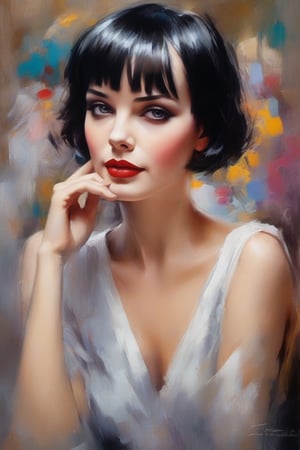 Beautiful woman,, Louise Brooks , in the style of Andrew Atroshenko
((oil painting))((impresionism)),colorful