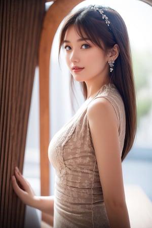 1 girl, very bright backlighting, solo, {beautiful and detailed eyes}, large breasts, dazzling moonlight, calm expression, natural and soft light, hair blown by the breeze, delicate facial features, Blunt bangs, eye smile, very small earrings,half body,view from side,23yo, film grain, realhands,shy smile,Realism,acmm ss outfit