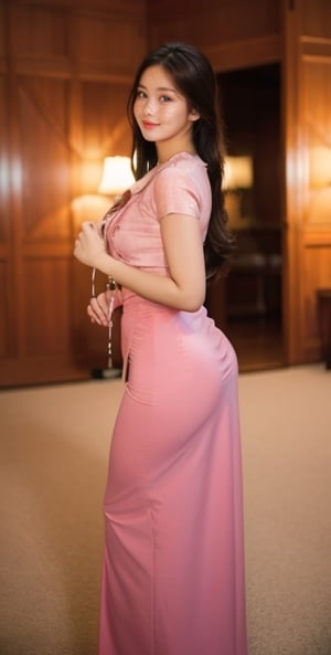 20 years old girl,{{best quality}}, {{masterpiece}}, {{ultra-detailed}}, {illustration}, {detailed light}, {an extremely delicate and beautiful}, messy floating hair, pink dress, standing and looking at the viewer,  feminine , depth of field,acmm ss outfit,Myanmar.view from behind, perfect buttock.full body.,perfect,masterpiece,Myanmar,milf,photorealistic,Sexy Pose, Young beauty spirit ,Enhance,leonardo,Styles Pose