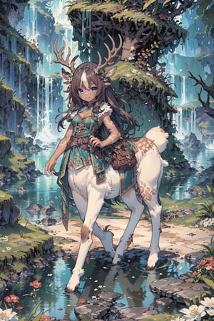 one character (adult female, human upper half, deer markings, Centaur with deer body lower half,  deer hooves, centaur, tan deer fur, white fluffy underbelly fur), light tan skin, white spots on rump that resemble flowers, very detailed light tan skin, medium breasts, (very long curly brown hair, very messy hair, very detailed hair, flowers everywhere in hair, large number of flowers in hair, flower covered hair), short semetrical deer antlers, (dark blue ornate pirate clothing, fancy silver detailing on clothing, cleavage window, dynamic clothing), full body view, character focus,  saddle bags with clasp, extremely high detailed, outdoors, walking on beech, happy, excellent ocean view, complex backgroud, vibrant tropical island, detailed tropical background, tide pool, extremely detailed, masterpiece, high quality, tiny body, small rump, short, fantasy, distinct details, brown hair with flowers, thin antlers, multiple rows of long cascading flowers in hair, perfect shadows, very detailed skin, white fur legs, white fur lower body, very fury, extremely detailed fur, low rear end, small rump, short, very furry, very furry tan legs, very furry tan rump with white spots, , tan dear tail, two arms