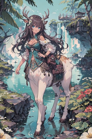 one character (adult female, human upper half, deer markings, Centaur with deer body lower half,  deer hooves, centaur, tan deer fur, white fluffy underbelly fur), light tan skin, white spots on rump that resemble flowers, very detailed light tan skin, medium breasts, (very long curly brown hair, very messy hair, very detailed hair, flowers everywhere in hair, large number of flowers in hair, flower covered hair), short semetrical deer antlers, (dark blue ornate pirate clothing, fancy silver detailing on clothing, cleavage window, dynamic clothing), full body view, character focus,  saddle bags with pirate skull clasp, extremely high detailed, outdoors, walking on beech, happy, excellent ocean view, complex backgroud, vibrant tropical island, detailed tropical background, tide pool, extremely detailed, masterpiece, high quality, tiny body, small rump, short, fantasy, distinct details, brown hair with flowers, thin antlers, large cascading flowers in hair