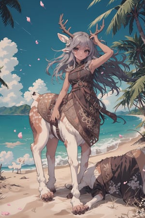 adult female, single character, alone, Centaur with deer body, hooves, centaur, highly detailed tan fur on lower body, tan rump fur, tan fur with white spots shaped like flower petals on rump, detailed tan fur on legs, long deer ears instead of normal ears, two deer ears, thin, small framed, large breasts, small white deer tail, thin deer legs, very long curly hair, dark brown hair, very detailed hair, wind swept hair, small flowering vines woven in hair, flowers through entire hair, flowers woven through hair, set of small brown semetrical deer antlers on head above ears, ornate blue pirate outfit with silver detailing, silver filigree, saddle bags with silver buckles, perfect large brown doe eyes, magnificently detailed eyes, eyes full of wonder, very long eyelashes, very thick eyelashes, detailed eyelashes, excited, curiously looking around while walking in surf, holding hand up to wind swept hair, gorgeously detailed sandy beach, perfect blue sky with highly detailed tall clouds, very detailed palm trees and tropical flowers line the beach, extremely detailed scenery, brown hair, tan fur on lower body, tan fur, brown hair, white fur underbelly, character focus, full body view, extremely well drawn, gorgeous detail, masterpiece 

