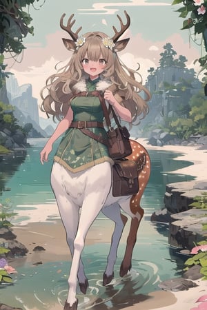 (adult female, single character, human upper half, Centaur with deer body lower half, hooves, centaur, light tan fur with white spots, centaur with deer body with light tan deer fur with white spots on rump, deer ears, light brown fur body, thin, petite, medium breasts, small deer tail, deer legs), (very long dark brown wavey curly hair on head, very detailed hair, small flowering vines woven in hair on head, flowers in hair on head, flowers woven in hair), pirate outfit,  excited, full of energy, full body view, attractive, angular face, adventurer, character focus, very detailed, high detail, masterpiece, high quality, saddle bags, gorgeous island scenery, extremely detailed beach, extremely detailed tide pool, semetrical antlers, ,antlerstyle