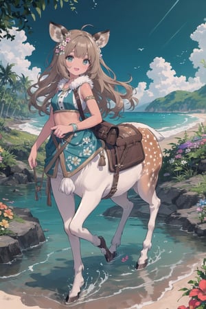 (adult female, single character, human upper half, Centaur with deer body lower half, hooves, centaur, light tan fur with white spots, centaur with deer body with light tan deer fur with white spots on rump, deer ears, light brown fur body, thin, petite, medium breasts, small deer tail, deer legs), (very long dark brown wavey curly hair on head, very detailed hair, small flowering vines woven in hair on head, flowers in hair on head, flowers woven in hair), pirate outfit,  excited, full of energy, full body view, attractive, angular face, adventurer, character focus, very detailed, high detail, masterpiece, high quality, saddle bags, extremely high detailed, complex backgroud, vibrant tropical island, detailed tropical scenery, very detailed beach with clear water, very detailed clear water with fish swimming near legs, legs in clear water, tropical flowers growing everywhere, detailed ocean in background, exquisit detail sky with tall white clouds