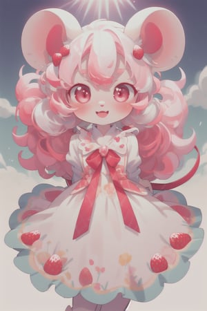 mouse girl, mouse ears, pink mouse tail, mouse nose, anthro, furry face, mouse nose, little pink mouse nose, pink wrist fur, (extremely curly white hair with red and pink highlights, red and pink hair highlights), arms behind back, white eyelashes, white sundress, strawberry pattern on dress, white body fur, curiously looking at pov, leaning fblushing, toward pov, flat chested, wide smile, very happy, full of wonder, blush, digitigrade, furry, petite, extremely short, very high detail body, very high detail skin, excellent quality, perfect, masterpiece, 