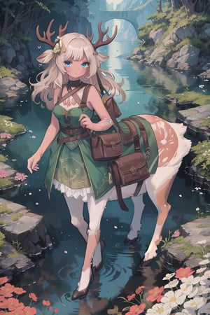 (adult female, single character, human upper half, Centaur with deer body lower half, hooves, centaur, light tan fur with white spots, centaur with deer body with light tan deer fur with white spots on rump, deer ears, light brown fur body, thin, petite, medium breasts, small deer tail, deer legs), (very long dark brown wavey curly hair on head, very detailed hair, small flowering vines woven in hair on head, flowers in hair on head, flowers woven in hair), pirate outfit,  excited, full of energy, full body view, attractive, angular face, adventurer, character focus, very detailed, high detail, masterpiece, high quality, saddle bags, gorgeous island scenery, extremely detailed beach, extremely detailed tide pool, semetrical antlers, ,antlerstyle