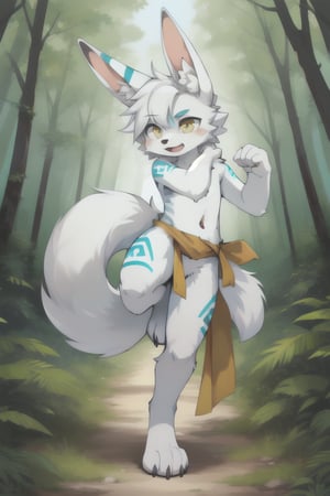 Male, boy, male anthro, cute, anthropomorphic, furry, furry body, nude, naked, artic fox, fox rabbit, fox rabbit hybrid, male fox rabbit, solo, (two ears, long ears, fluff in ear, thin ears, rabbit ears, pointed ears), white fur, full body fur, fluffy body fur, extra fur, fur on chest, very furry, fur on stomach, fur on thighs, white hair, (yellow eyes, wide eyes, detailed eyes, eyelashes, big eyes, dark pupils, distinct pupils), white eyebrows, (outside, forest, vibrant forest, green forest, forest back ground, plants), (yellow sash, yellow sash around waist, yellow cloth sash), thin, digitigrade, fingers, (one fox tail, single tail, fluffy tail, very large tail, very fluffy tail), long muzzle, snout, fox snout, long snout, Tsurime, Tsurime eyes, short, one tail, small, perfect face, masterpiece, (Sharp image, good face), (martial arts pose, fighting pose, serious face, towards camera, leg up, action pose, action shot, shouting, excited), (tribal markings, green markings, tribal tattoos, green tribal tattoos)
