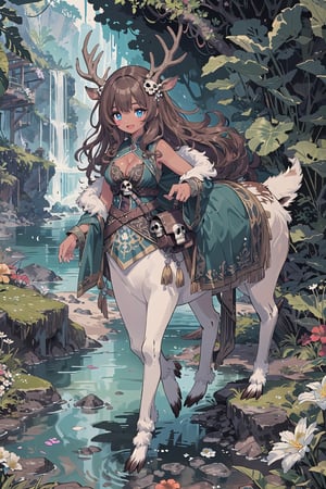 one character (adult female, human upper half, deer markings, Centaur with deer body lower half,  deer hooves, centaur, tan deer fur, white fluffy underbelly fur), light tan skin, white spots on rump that resemble flowers, very detailed light tan skin, medium breasts, (very long curly brown hair, very messy hair, very detailed hair, flowers everywhere in hair, large number of flowers in hair, flower covered hair), short semetrical deer antlers, (dark blue ornate pirate clothing, fancy silver detailing on clothing, cleavage window, dynamic clothing), full body view, character focus,  saddle bags with pirate skull clasp, extremely high detailed, outdoors, walking on beech, happy, excellent ocean view, complex backgroud, vibrant tropical island, detailed tropical background, tide pool, extremely detailed, masterpiece, high quality, tiny body, small rump, short, fantasy, distinct details, brown hair with flowers, thin antlers, long strings of cascading flowers in hair, dear hoofs
