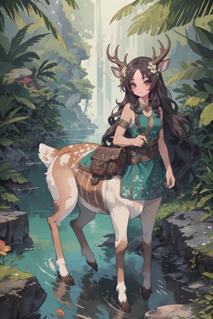 (adult female, single character, human upper half, Centaur with deer body lower half, hooves, centaur, light tan fur with white spots, centaur with deer body with light tan deer fur with white spots on rump, deer ears, light brown fur body, thin, petite, medium breasts, small deer tail, deer legs, pair of small semetrical deer horns on head), (very long dark brown wavey curly hair on head, very detailed hair, small flowering vines woven in hair on head, flowers in hair on head, flowers woven in hair), pirate outfit,  excited, full of energy, full body view, attractive, angular face, adventurer, character focus, very detailed, high detail, masterpiece, high quality, saddle bags, extremely high detailed, complex backgroud, vibrant tropical island, detailed tropical scenery, very detailed beach with clear water, very detailed clear water, tropical flowers growing everywhere, very detailed fur, petite lower body, tan fur white spots 