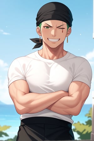 score_9, score_8_up, score_7_up, source_anime, solo, male focus, 1boy, roronoazoro, muscular, scar across eye, grin, looking at viewer, crossed arms, black bandana, one eye closed, white shirt, haramaki, short sleeves, black pants, single earring, outdoors 