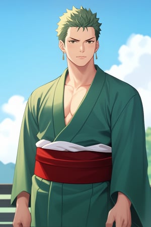 score_9, score_8_up, score_7_up, source_anime, solo, male focus, 1boy, roronoazoro, scar across eye, expressionless, looking at viewer, standing, japanese clothes, green kimono, open kimono, pectorals, wide sleeves, red sash, single earring, outdoors 