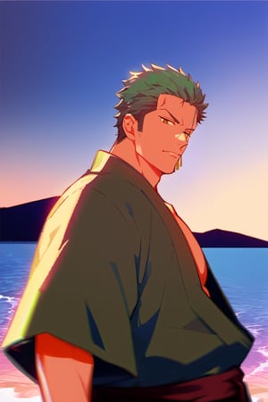 score_9, score_8_up, score_7_up, source_anime, solo, male focus, 1boy, roronoazoro, scar across eye, expressionless, looking at viewer, standing, japanese clothes, green kimono, open kimono, pectorals, wide sleeves, red sash, single earring, outdoors 