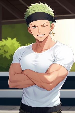 score_9, score_8_up, score_7_up, source_anime, solo, male focus, 1boy, roronoazoro, muscular, scar across eye, grin, looking at viewer, crossed arms, black bandana, one eye closed, white shirt, haramaki, short sleeves, black pants, single earring, outdoors 