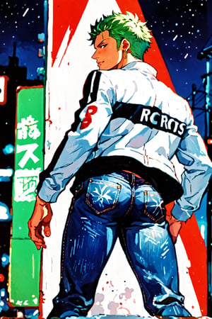 score_9, score_8_up, score_7_up, source_anime BREAK 1boy, solo, male focus,  roronoazoro, scar across eye, single earring, green hair, black bandana,  print jacket, white jacket, from behind, jeans, looking back, looking at viewer, dark, darkness, night, night sky
