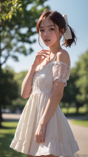 (((masterpiece, best quality, very aesthetic, realistic, absurdres))), small size dress, handscarft, wind, park, trees, solo, 1girl, fluttering hair, auburn short ponytail, ribbon, drooling, shy, blush, open mouth, moist skin, pretty face, slim figure, 