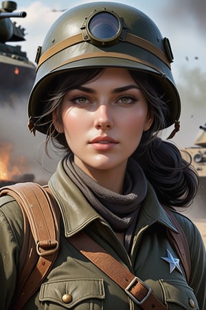 
With the acquired T-34 tank as her steed, she fearlessly launched herself into the heart of the battlefield, her resolve unshakeable and her determination unwavering. Amidst the chaos and carnage of war, she navigated the rugged terrain with skill and precision, her eyes set on the enemy lines ahead. With each maneuver, she unleashed the full force of the tank's firepower, raining destruction upon those who threatened her homeland. Her presence on the battlefield struck fear into the hearts of her adversaries and inspired courage in her fellow soldiers, who rallied behind her as she led the charge against tyranny. In the crucible of combat, she proved herself to be a formidable force to be reckoned with, her valor and tenacity earning her a place among the pantheon of wartime heroes. ((4k, hyperrealistic, HD, high resolution, high details, perfect hands, perfect face))