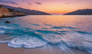 A stunning sunset over the crystal blue waters of the Mediterranean, near the shores of Creta. The warm hues of orange and pink reflect off the calm waves, creating a serene and picturesque scene.