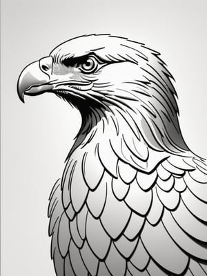Elegant eagle in stark relief on a crisp white page, rendered in bold, expressive lineart and shades of gray. The bird's majestic form fills the composition, with no distracting lines or embellishments within its contours. A minimalist masterpiece, evoking a sense of simplicity and sophistication.
