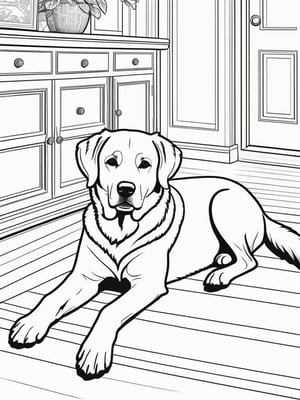 A dog lying down inside a house, B&W colors, vector lines, style coloring book