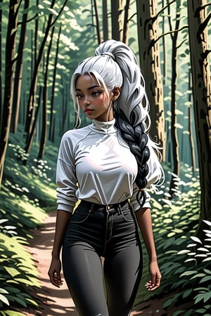 A woman walking in the forest, black woman, long hair, ponytail, white hair, 22 years old, beatiful woman,