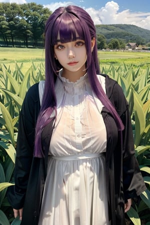 aafern, long hair, purple hair, blunt bangs, purple eyes, large breasts, long dress, white dress, black robe, long sleeves, green grass field, 