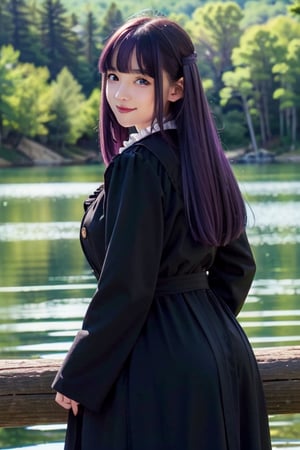 <Fern>
(1girl, solo, purple hair, long hair, purple eyes, blunt bangs, sidelocks, bright pupils,short eyelashes,light smile, plump breasts),

<Clothes>
(frilled collar, black robe, black coat, white dress, center frills, buttons, wide sleeves, long sleeves, curvy, cowboy shot), 

<Scenery>
(lake, starry_night),

<Pose>
(Posing, arms behind back, looking at viewer),masterpiece,1 girl