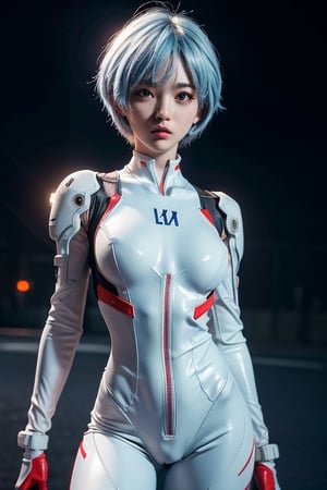 8k, masterpiece, best quality, realistic, sharp focus, cinematic lighting, extremely detailed, epic, dawn, girl, rei ayanami, big breasts, light blue bob hair, white, tight suit, edgy, sexy,urban , (red leon lighting background), chest open, deep-V chest, techwear,outfit,3DMM