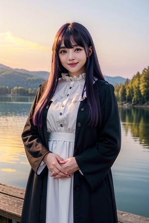 <Fern>
(1girl, solo, purple hair, long hair, purple eyes, blunt bangs, sidelocks, bright pupils,short eyelashes,light smile, plump breasts),

<Clothes>
(frilled collar, black robe, black coat, white dress, center frills, buttons, wide sleeves, long sleeves, curvy, cowboy shot), 

<Scenery>
(lake, starry_night),

<Pose>
(Posing, arms behind back, looking at viewer),masterpiece,1 girl