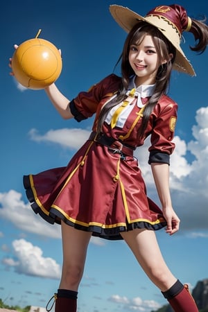 Konosuba, megumin, brown hair hair, brown eyes, happy, smile, teeth, magumin dress(anime konosuba), megumin hat, slim body, eye patch, (konosuba anime character), (konosuba god bless you.....), full body 