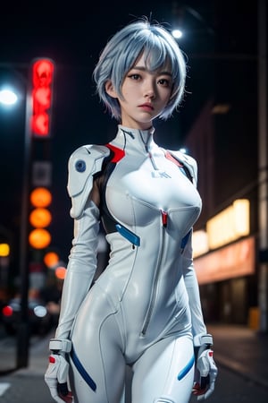 8k, masterpiece, best quality, realistic, sharp focus, cinematic lighting, extremely detailed, epic, dawn, girl, rei ayanami, big breasts, light blue bob hair, white, tight suit, edgy, sexy,urban , (red leon lighting background), chest open, deep-V chest, techwear,outfit,3DMM