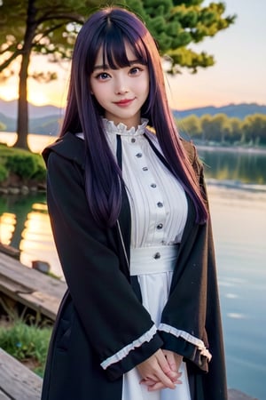 <Fern>
(1girl, solo, purple hair, long hair, purple eyes, blunt bangs, sidelocks, bright pupils,short eyelashes,light smile, plump breasts),

<Clothes>
(frilled collar, black robe, black coat, white dress, center frills, buttons, wide sleeves, long sleeves, curvy, cowboy shot), 

<Scenery>
(lake, starry_night),

<Pose>
(Posing, arms behind back, looking at viewer),masterpiece,1 girl