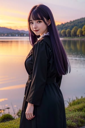 <Fern>
(1girl, solo, purple hair, long hair, purple eyes, blunt bangs, sidelocks, bright pupils,short eyelashes,light smile, plump breasts),

<Clothes>
(frilled collar, black robe, black coat, white dress, center frills, buttons, wide sleeves, long sleeves, curvy, cowboy shot), 

<Scenery>
(lake, starry_night),

<Pose>
(Posing, arms behind back, looking at viewer),masterpiece,1 girl