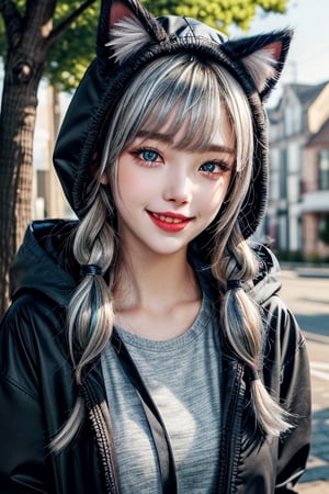 Portrait of a young woman with silver/gray hair styled in twin/pigtails
Different colored eyes (heterochromia) - one red, one blue
Wearing a hooded jacket/top with black and white cat ear designs
Black cross decorations on the hood/jacket
Mischievous, playful facial expression with a smile
Eyes that look sparkly and lively
Outdoor setting with some sparse tree branches visible
Overall whimsical, spirited, playful mood/atmosphere
Cat ear hood decorations are one black, one white