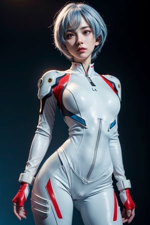 8k, masterpiece, best quality, realistic, sharp focus, cinematic lighting, extremely detailed, epic, dawn, girl, rei ayanami, big breasts, light blue bob hair, white, tight suit, edgy, sexy,urban , (red leon lighting background), chest open, deep-V chest, techwear,outfit,3DMM