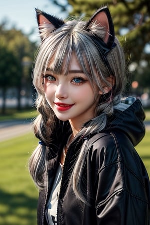 Portrait of a young woman with silver/gray hair styled in twin/pigtails
Different colored eyes (heterochromia) - one red, one blue
Wearing a hooded jacket/top with black and white cat ear designs
Black cross decorations on the hood/jacket
Mischievous, playful facial expression with a smile
Eyes that look sparkly and lively
Outdoor setting with some sparse tree branches visible
Overall whimsical, spirited, playful mood/atmosphere
Cat ear hood decorations are one black, one white