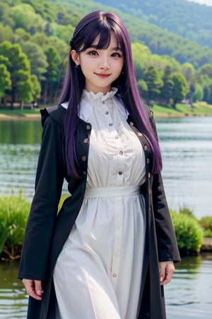 <Fern>
(1girl, solo, purple hair, long hair, purple eyes, blunt bangs, sidelocks, bright pupils,short eyelashes,light smile, plump breasts),

<Clothes>
(frilled collar, black robe, black coat, white dress, center frills, buttons, wide sleeves, long sleeves, curvy, cowboy shot), 

<Scenery>
(lake, starry_night),

<Pose>
(Posing, arms behind back, looking at viewer),masterpiece,1 girl