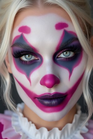 Harley Quin Close-up of a person's face with elaborate creepy clown makeup. 


The makeup features bright pink and white areas, with darker purple and black accents. The face is painted with a clown-like design, including exaggerated features like the eyes, nose, and mouth.  The eyes have white contact lenses, creating a striking contrast with the black and purple makeup around them.  Eyelashes are also applied, with dark, feathery false lashes. The mouth is a wide, sinister smile, with a dark purple-blue outlining its shape.


There are small, pink flower-like designs at the corners of the eyes and cheeks.  The overall effect is one of a theatrical, unsettling clown makeup, likely for a Halloween or special event costume. The person's hair is light blonde/platinum blond, visible as a fringe/side-swept style around the face. 


The skin appears to be fair and smooth, though not fully natural due to the layers of makeup. A lacy, white fabric collar, or ruffle, is visible at the base of the neck.