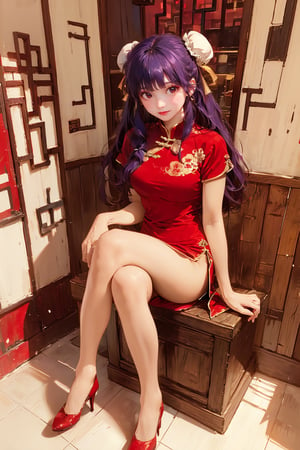 masterpiece,1 beautiful girl, solo,full body shot, long hair, slender, natural and soft light, hair blown by the breeze, Elegant face, pale skin, delicate facial feature, shyly smile, looking at camera, realhands,shampoo, shampoo (ranma 1/2), long hair, hair ornament, red eyes, purple hair, hair bun, double bun
dress, chinese clothes, china dress, red dress, long sleeves, lips, medium breasts, brown hair, lipstick, makeup, white legwear