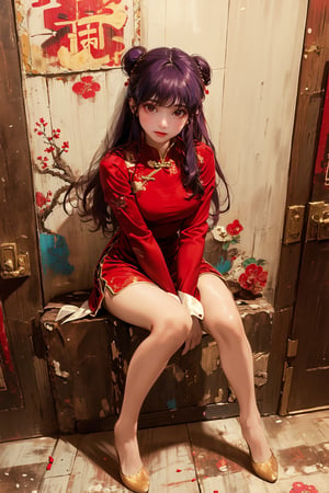 masterpiece,1 beautiful girl, solo,full body shot, long hair, slender, natural and soft light, hair blown by the breeze, Elegant face, pale skin, delicate facial feature, shyly smile, looking at camera, realhands,shampoo, shampoo (ranma 1/2), long hair, hair ornament, red eyes, purple hair, hair bun, double bun
dress, chinese clothes, china dress, red dress, long sleeves, lips, medium breasts, brown hair, lipstick, makeup, white legwear