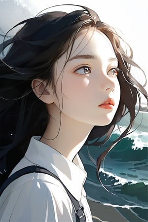 A dark, gritty, realistic sketch of a goth girl, reminiscent of Studio Ghibli's whimsical style. On watercolor paper, bold lines and loose strokes mingle to create a sense of dynamic movement. Natural light casts an ethereal glow on the subject's porcelain skin, inviting touch.

The young, beautiful girl stands with her shoulders slumped, wearing a plain white shirt with a high collar and a black pleated skirt. Her ginger hair falls in soft waves down her back, framing her angelic face. Her blush-stained cheeks betray embarrassment, exhaustion, or perhaps both.

Sharp focus captures the intricate details of her delicate features: plump lips, defined brows, and large, shining eyes that seem to hold a deep kindness. The overall effect is one of tender innocence, making it impossible not to be captivated by this lovely, pure, and adorable young woman.