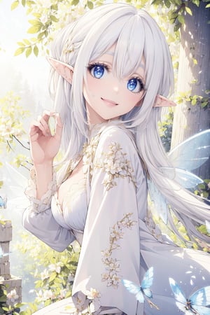 (masterpiece, best quality, highres:1.3), ultra resolution image, (1girl), (solo), kawaii, white hair, elf, wings, fantasy, sunlight, dreamy, smile, fairy, serene background