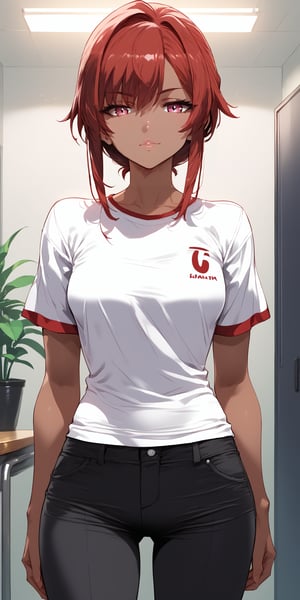 mirham,anime, game_cg:1.2),cowboy shot,,1girl, red eyes, dark skin, t-shirt, pants, short sleeves , expressionless, looking at viewer, standing, indoors, hall room 